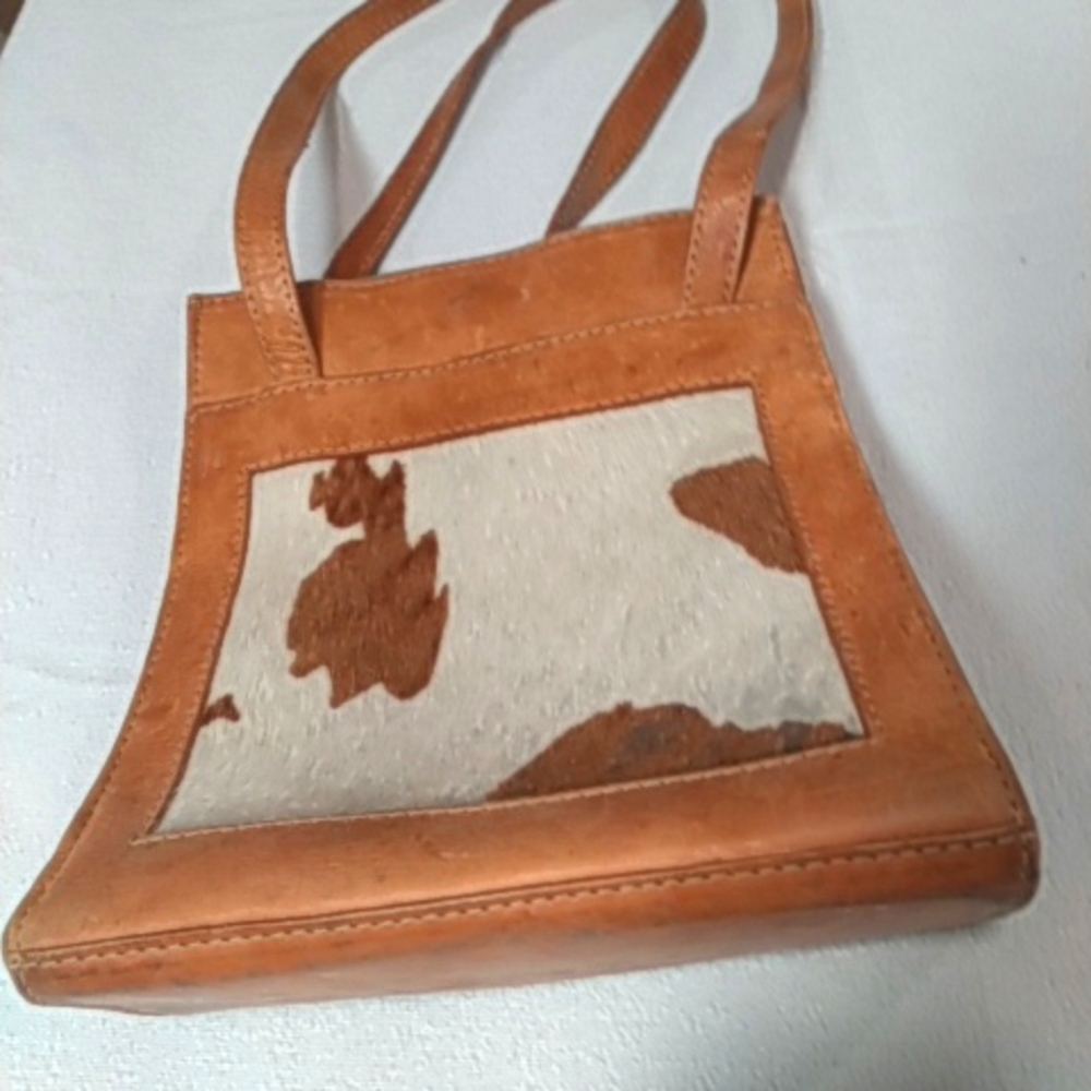 Great Hand tooled Tan Leather and Calf Hair Tote Shoulder Bag